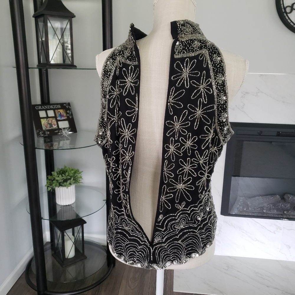 Papell Boutique 100% Silk Black and Silver Embellished Top Size Xl - Picture 5 of 7